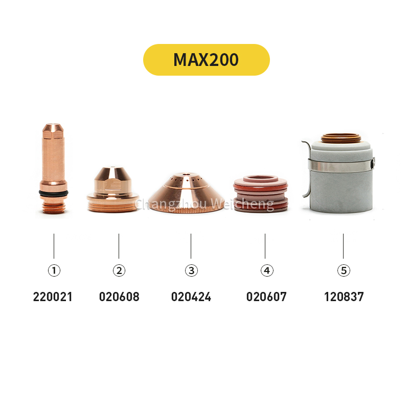 Électrode Plasma 220021, buse 020608, bouclier 020424, anneau tourbillonnant 020607 pour torche MAX200