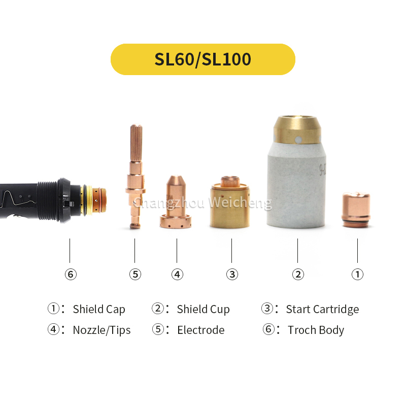 Consommables plasma Électrode 9-8215 Buse 9-8205 9-8206 9-8211 Bouclier 9-8256 9-8239 Capuchon de protection 9-8218 Cartouche de démarrage 9-8213 pour SL60SL100