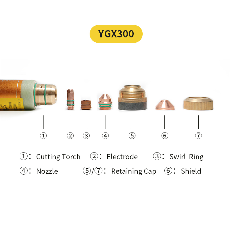 Torche de découpe Plasma YGX300, électrode consommable, buse YGX330303, bouclier YGX330304, capuchon de retenue YGX330305 YGX330306